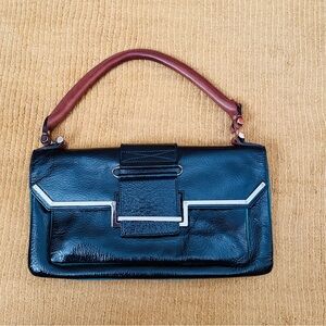 Lanvin Paris patent Leather bag with brown strap and turquoise trim